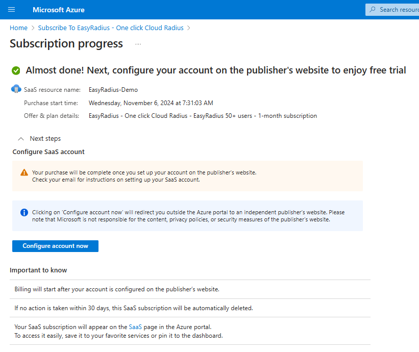 Azure Portal Configure SaaS Account