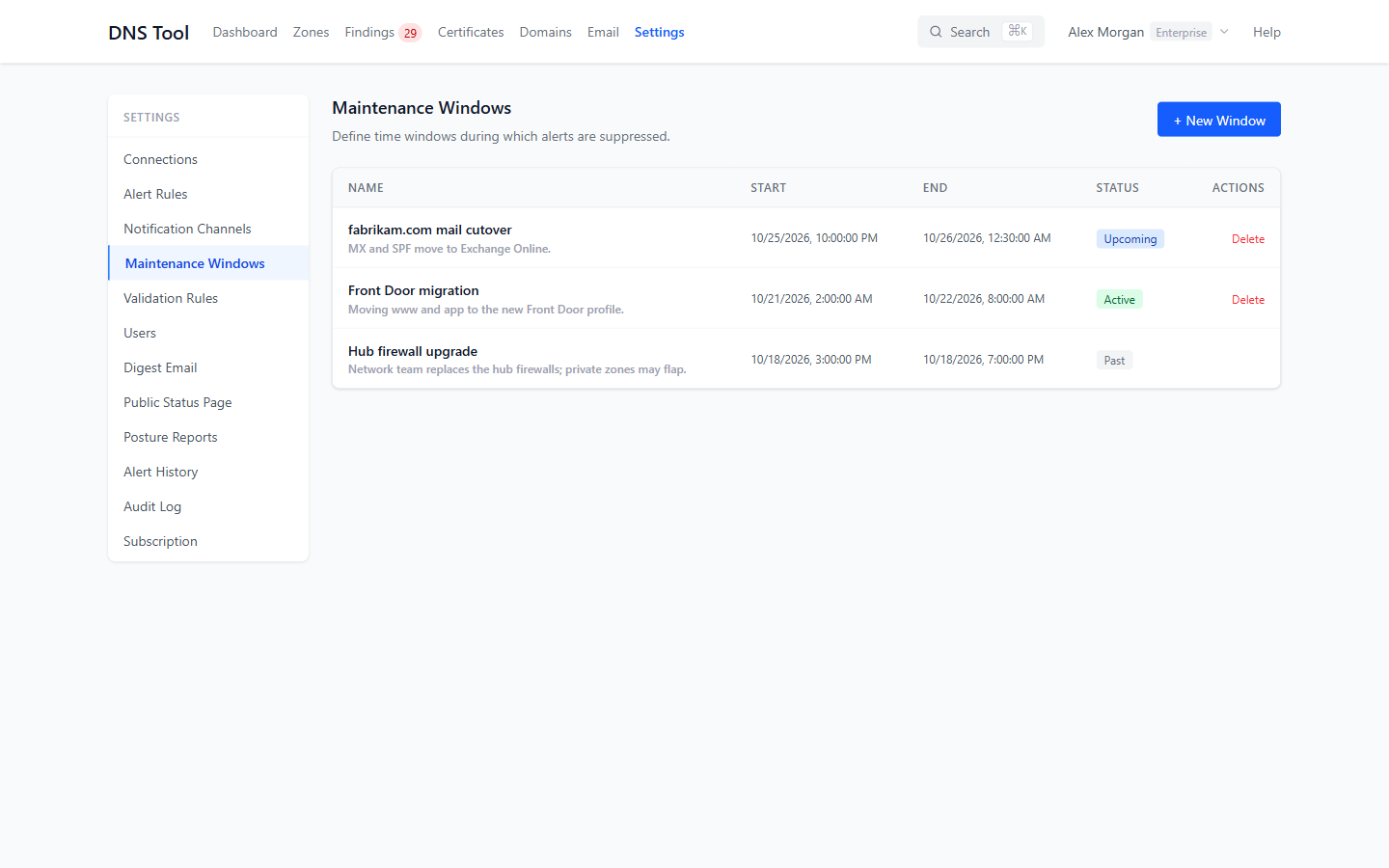 Maintenance windows: upcoming, active and past