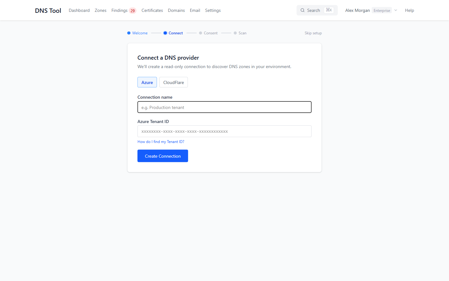 Setup wizard, step 2: connection name and Azure tenant ID