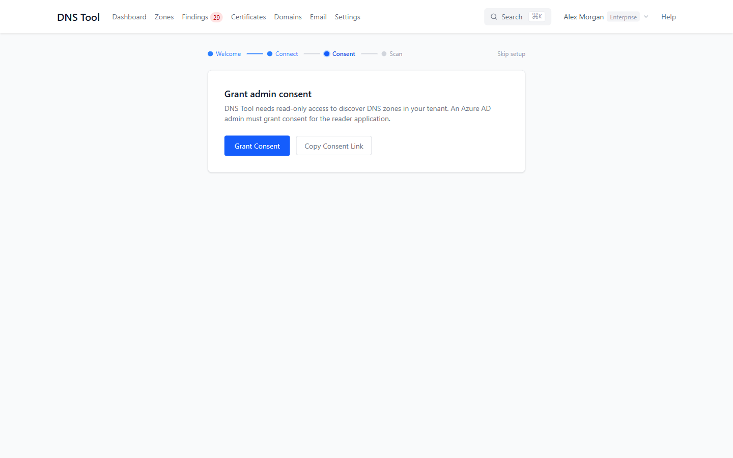 Setup wizard, step 3: grant admin consent for the read-only scanner app