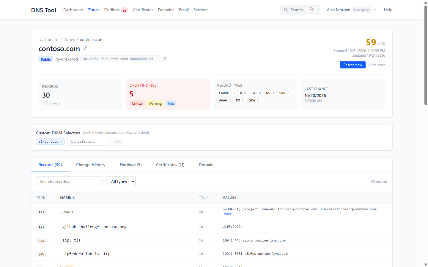 Zone details for contoso.com: summary, custom DKIM selectors and the records tab