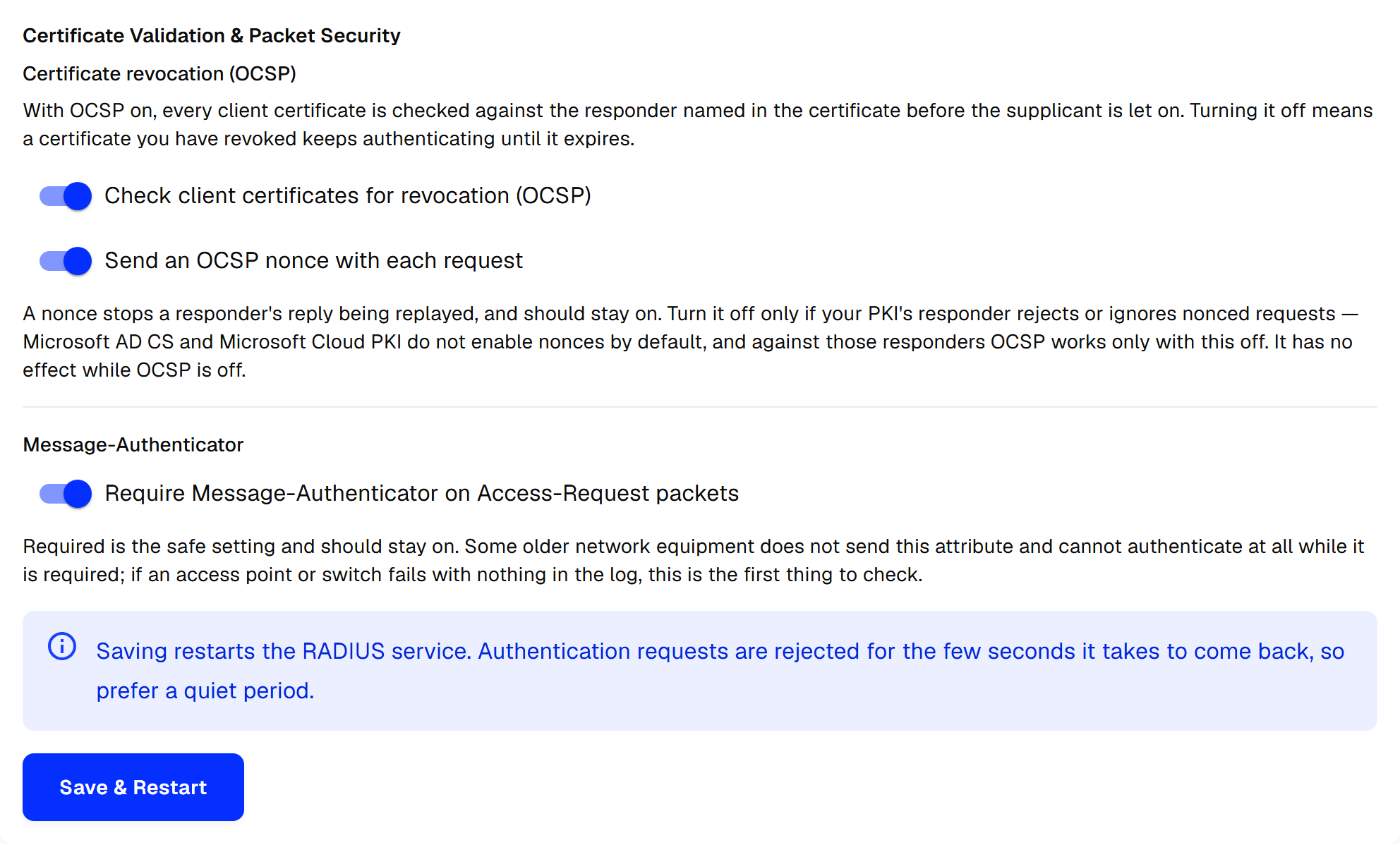 Certificate validation and packet security