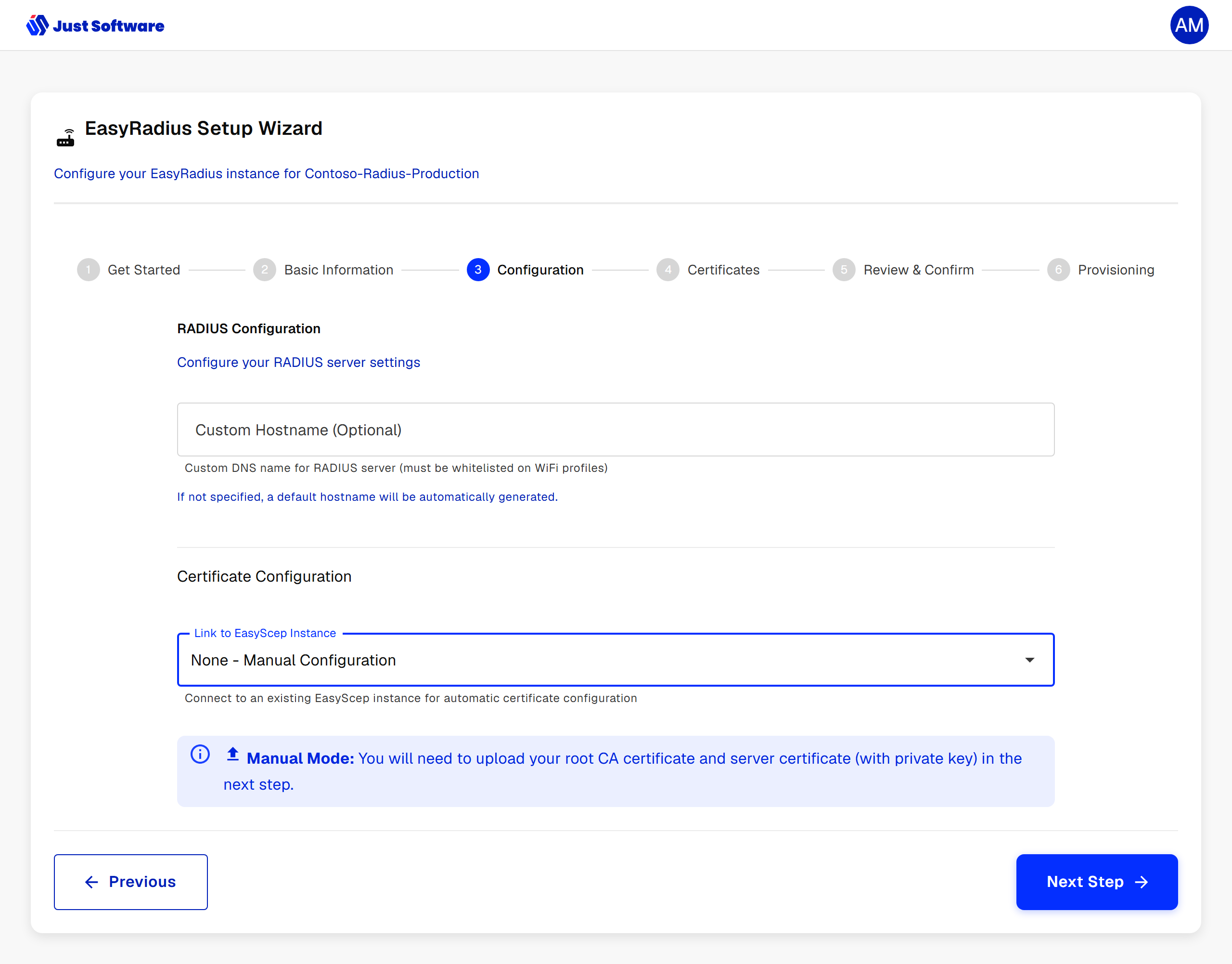 EasyRadius wizard: manual configuration