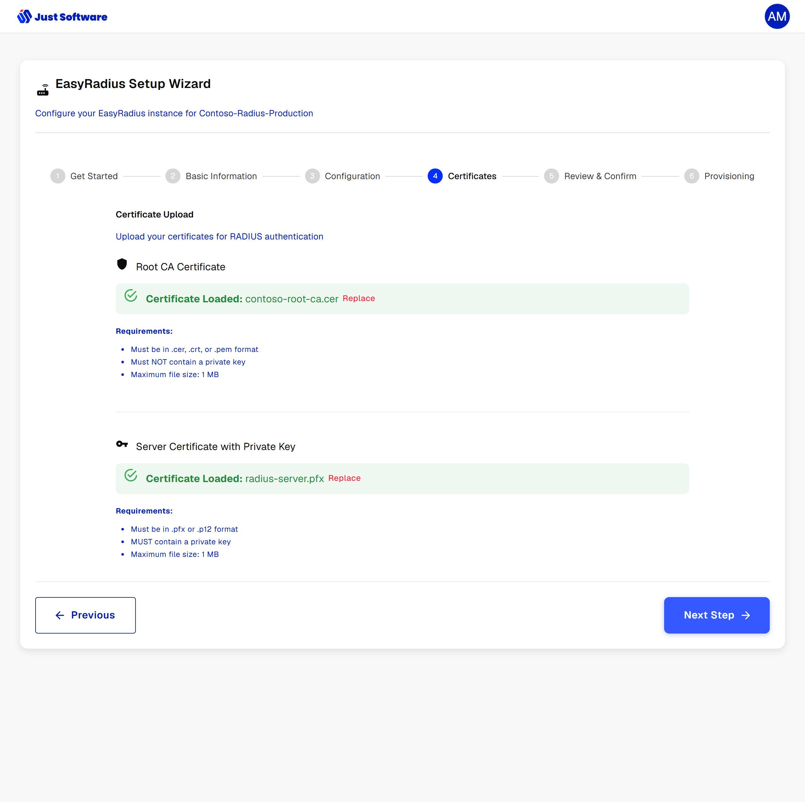 EasyRadius wizard: certificate upload
