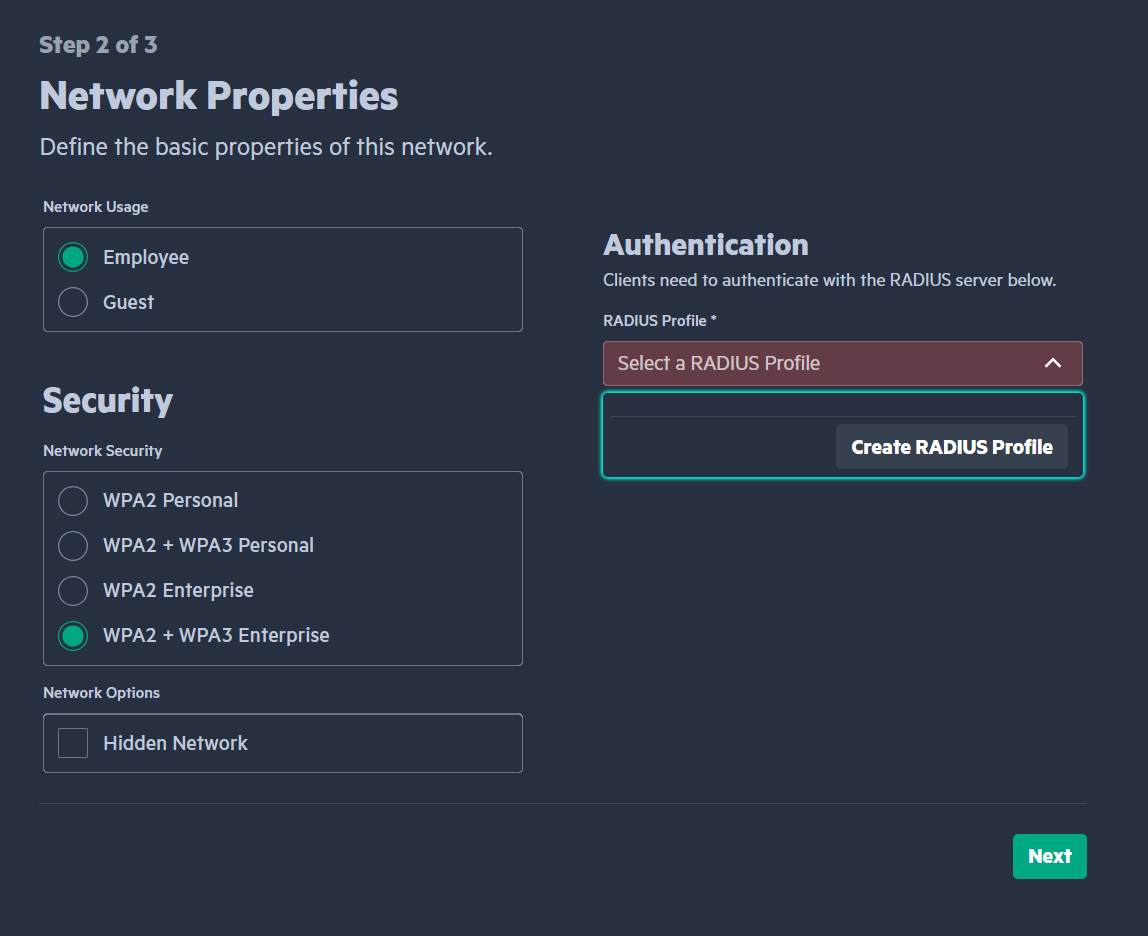 Network properties page