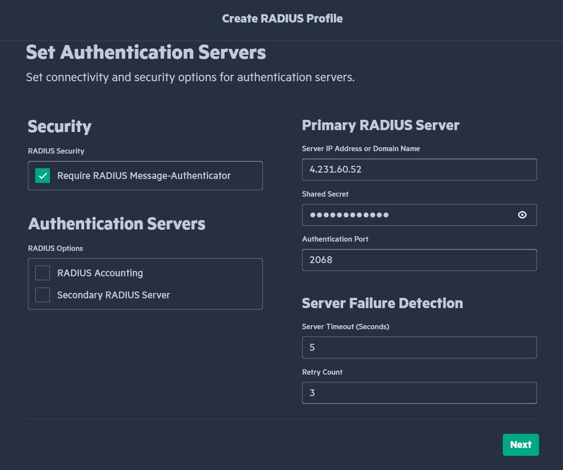 RADIUS server IP and port fields