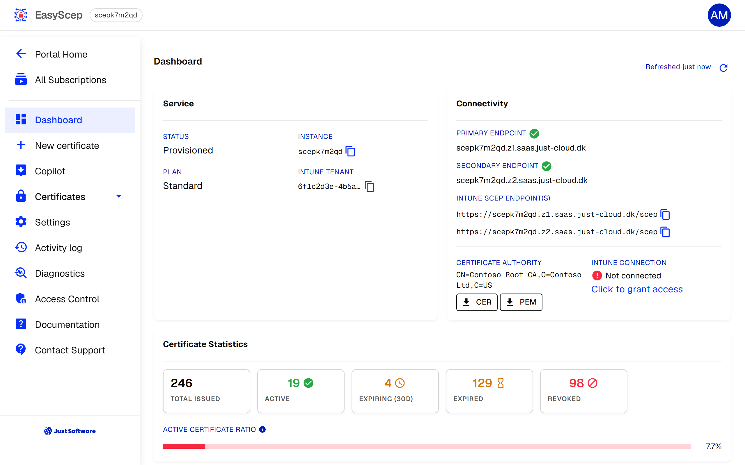 EasyScep dashboard before Intune access is granted