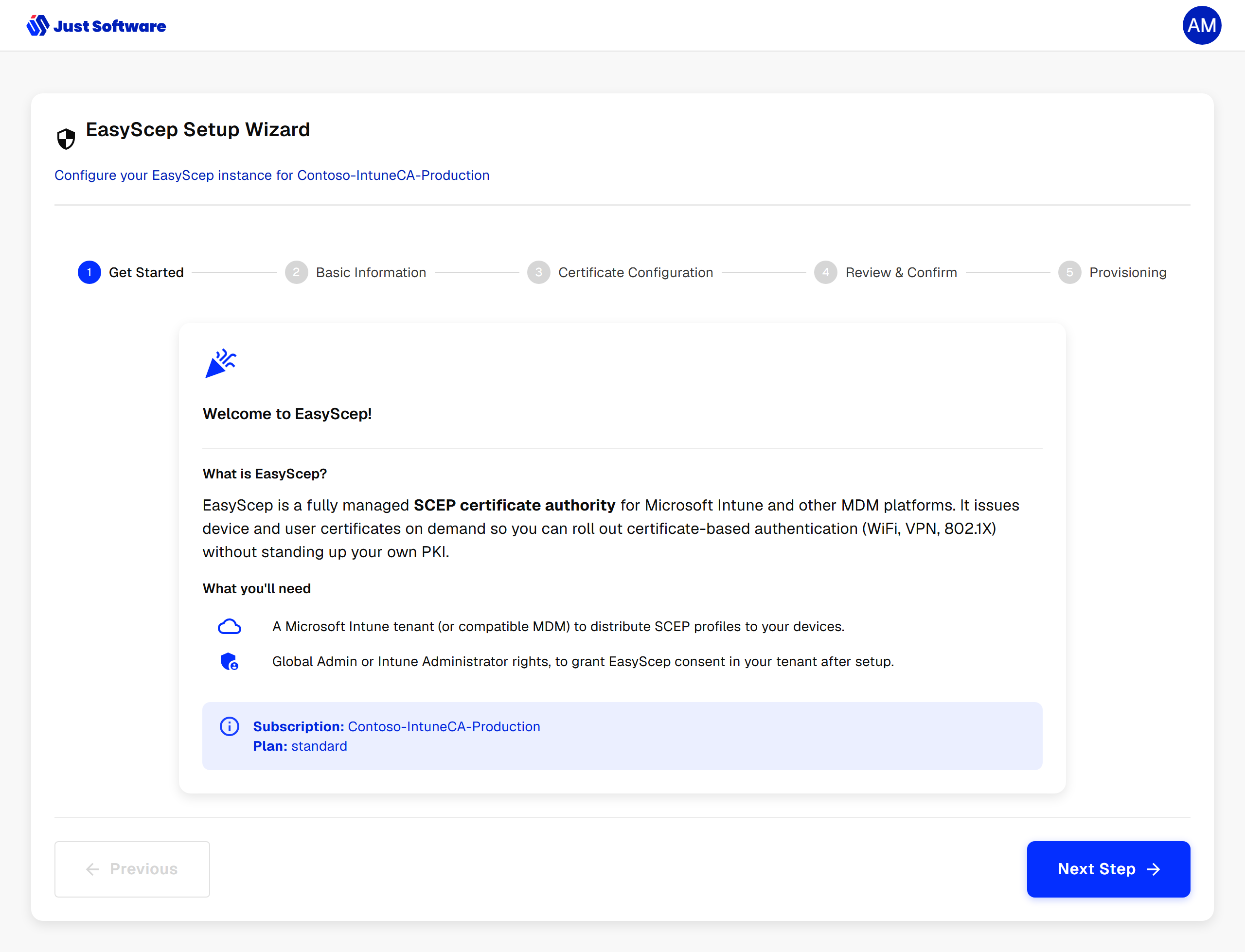 EasyScep wizard welcome screen