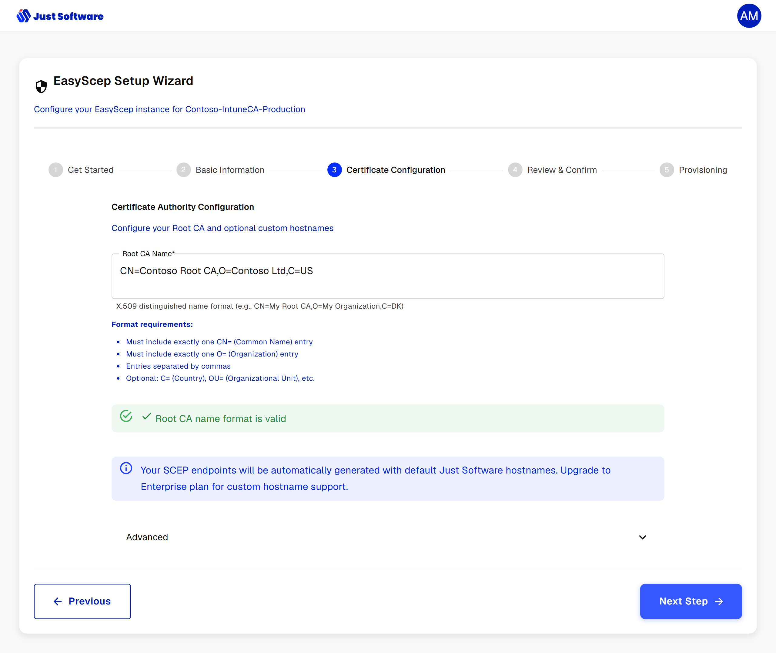 EasyScep wizard: certificate configuration