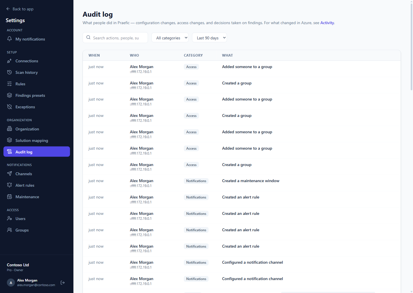 The audit log: who did what and when, with a link to the finding it concerned