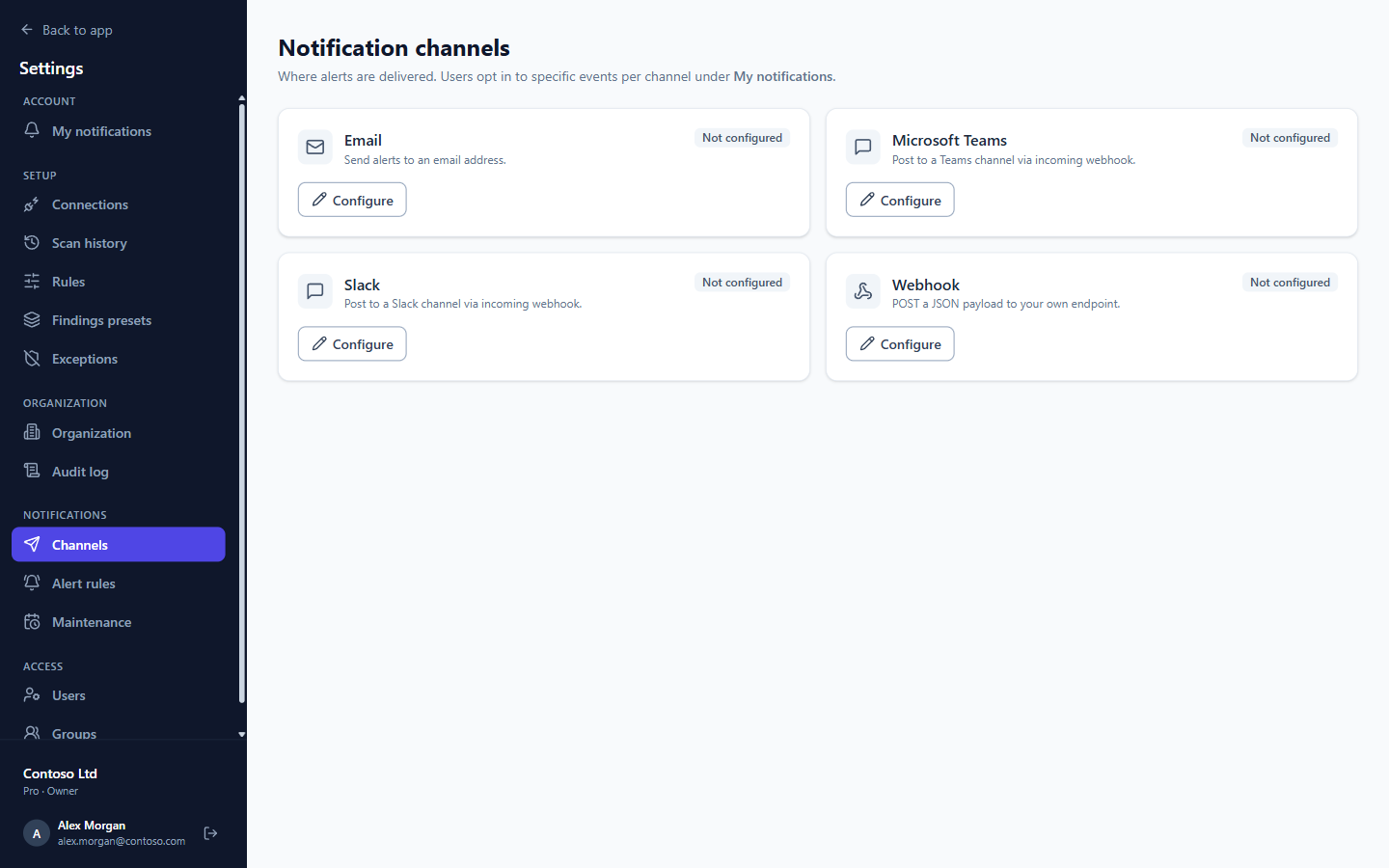 Notification channels: Email, Microsoft Teams, Slack and Webhook