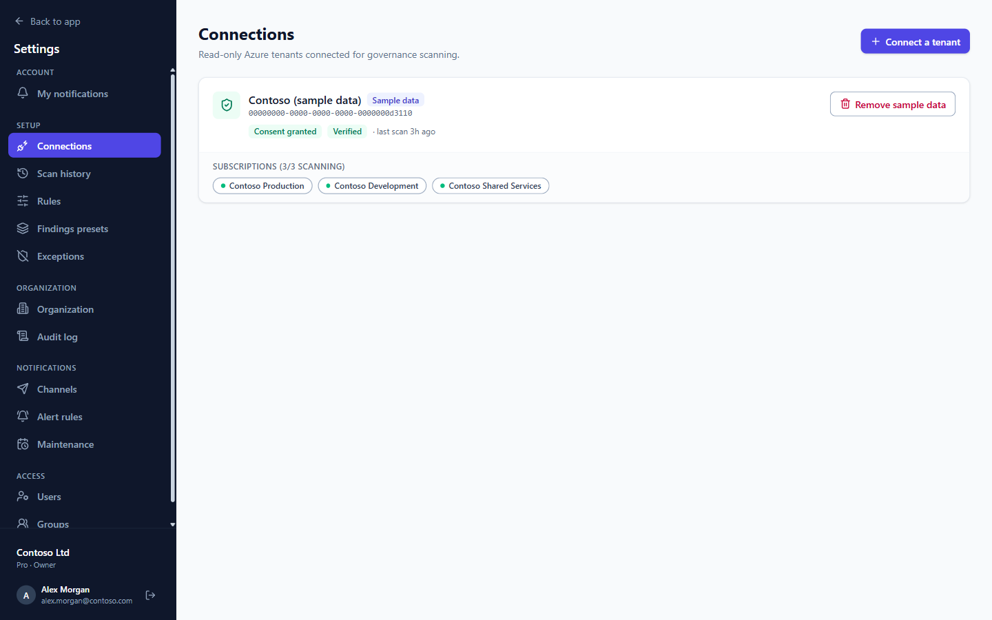 Connections page with the tenant and its subscriptions