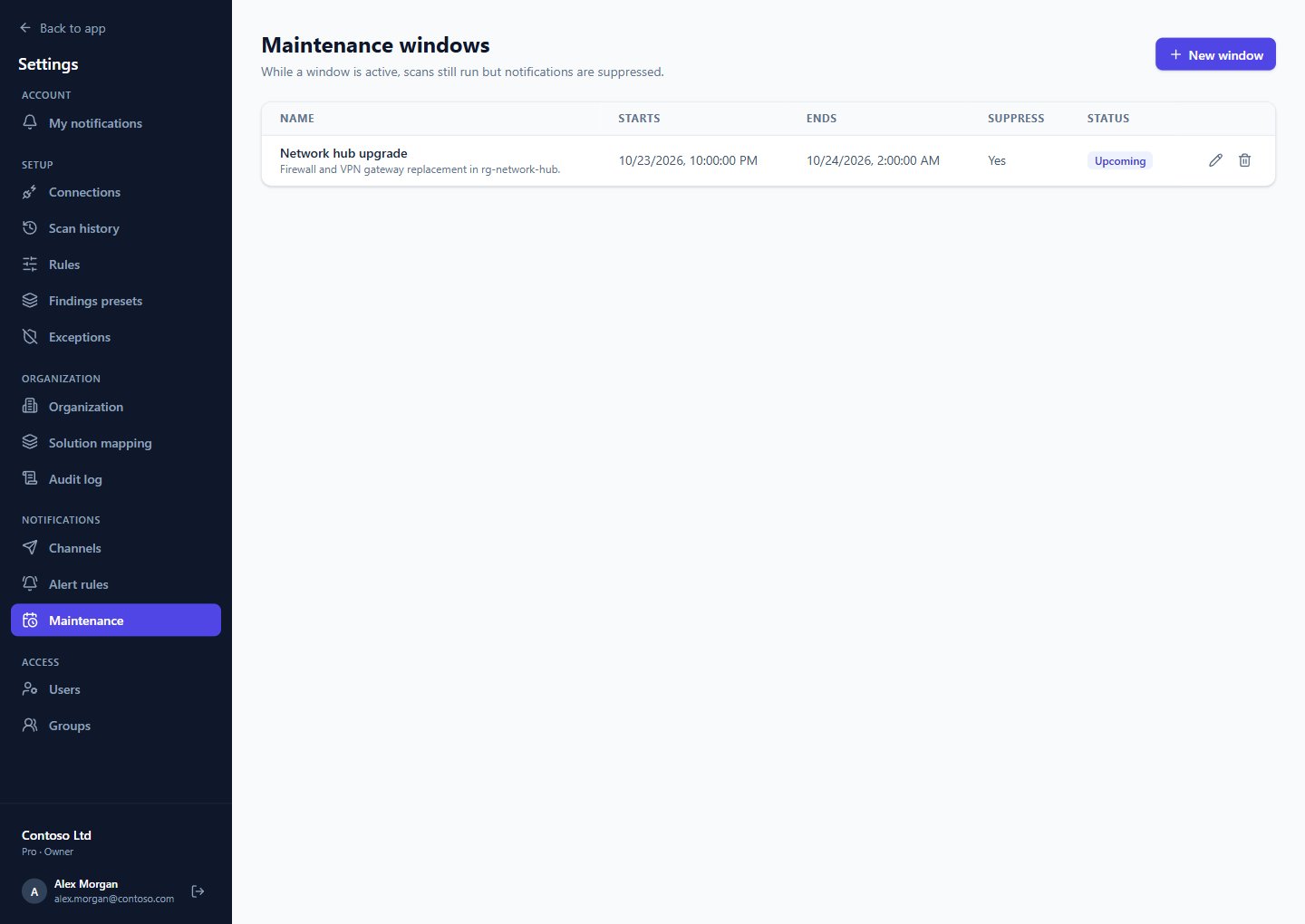 A maintenance window for a planned network upgrade