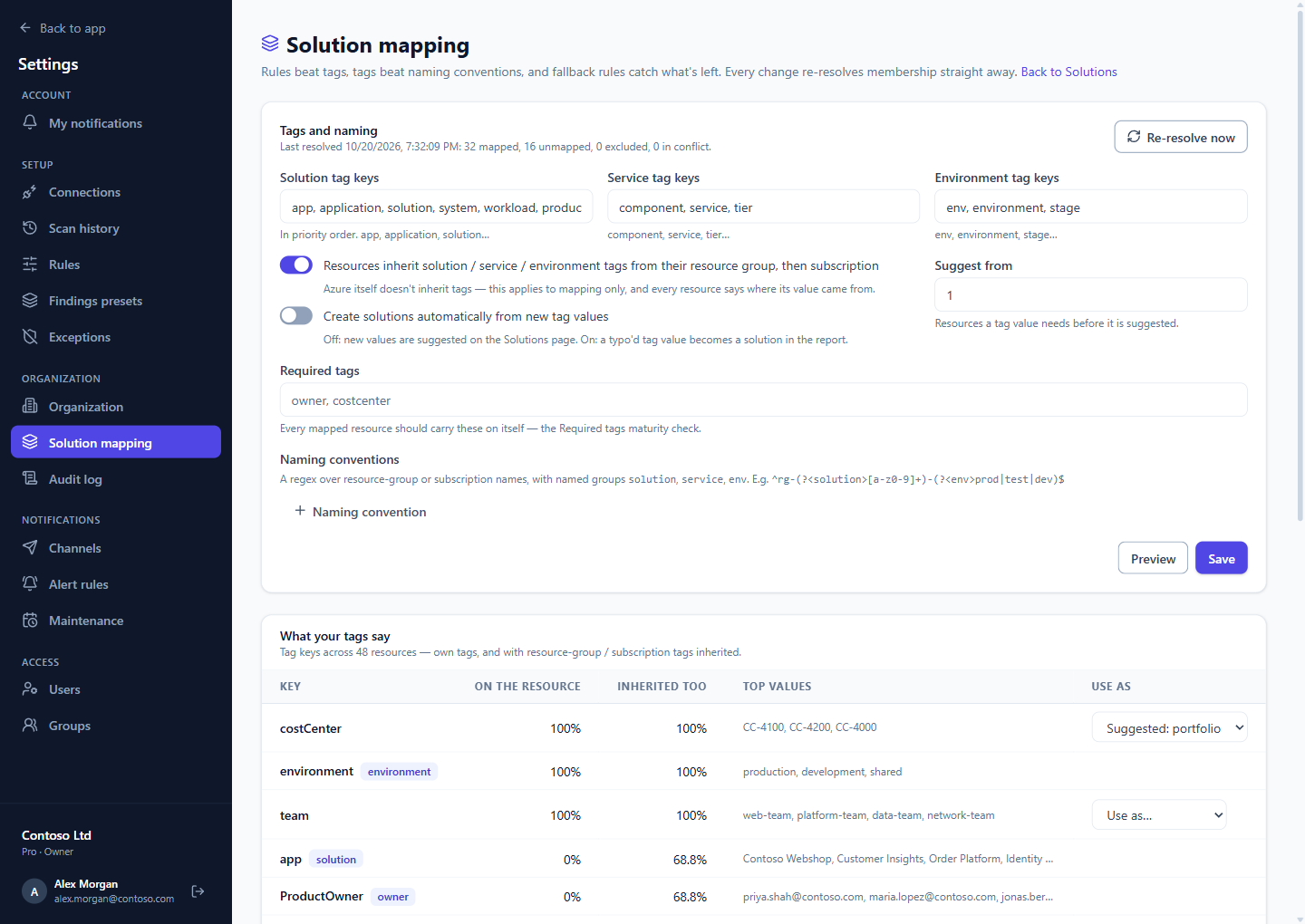 Settings → Solution mapping, with tag keys, inheritance and what your tags say