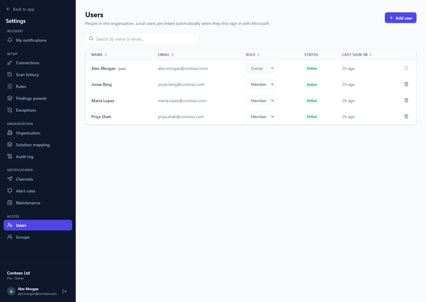 Users with their role, status and last sign-in